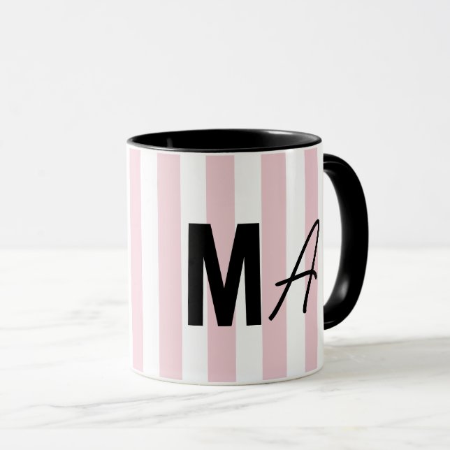 Mug monogramme moderne personnalisé à rayures rose et  (Devant droit)