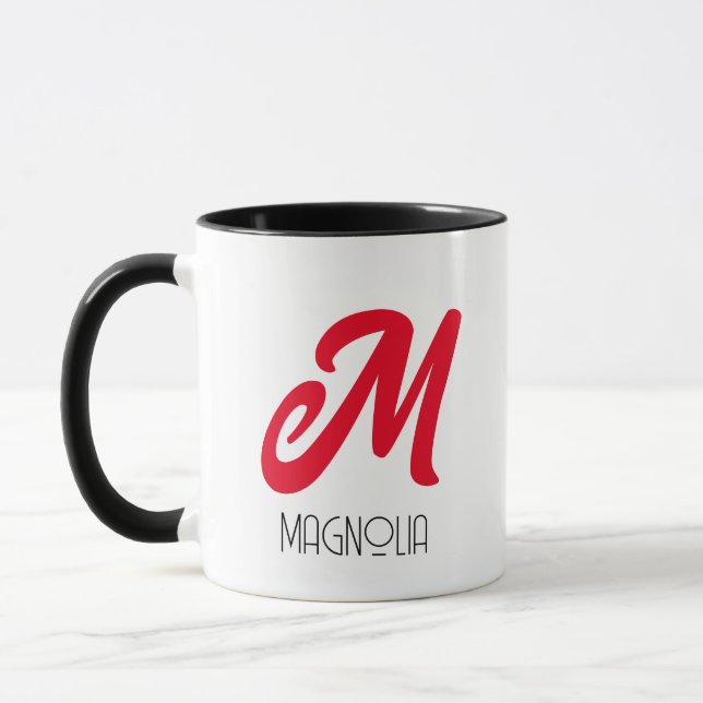 Mug Monogramme moderne rouge personnalisé Monogramme M (Gauche)