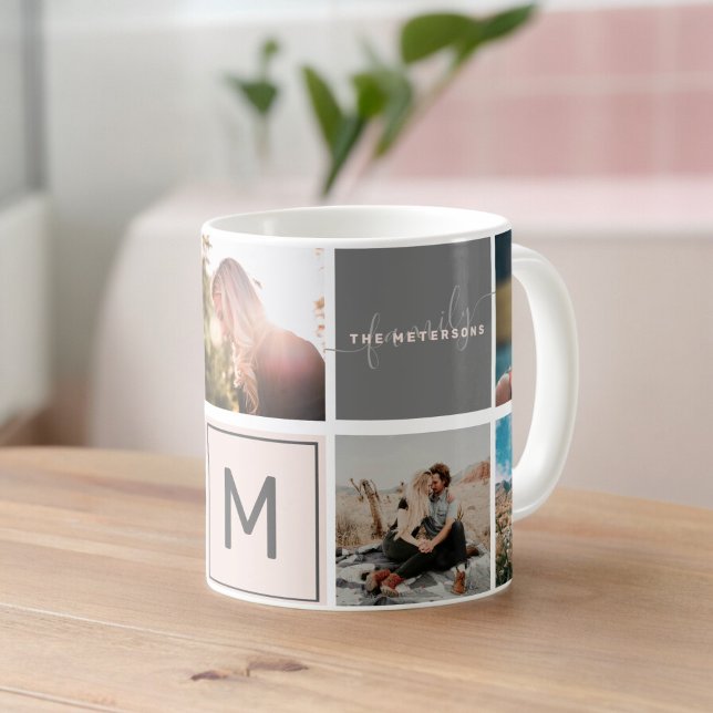 Mug Monogramme moderne votre famille 7 grille photo co (Modern monogram your family 7 photo collage grid coffee mug)