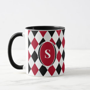 Mug Monogramme Motif de diamant Noir et Arlequin Rouge