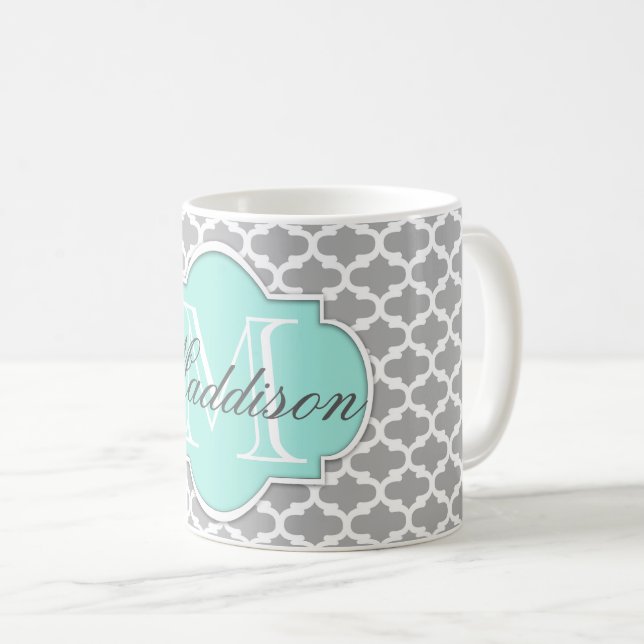 Mug Monogramme Motif élégant Grey Aqua (Devant droit)