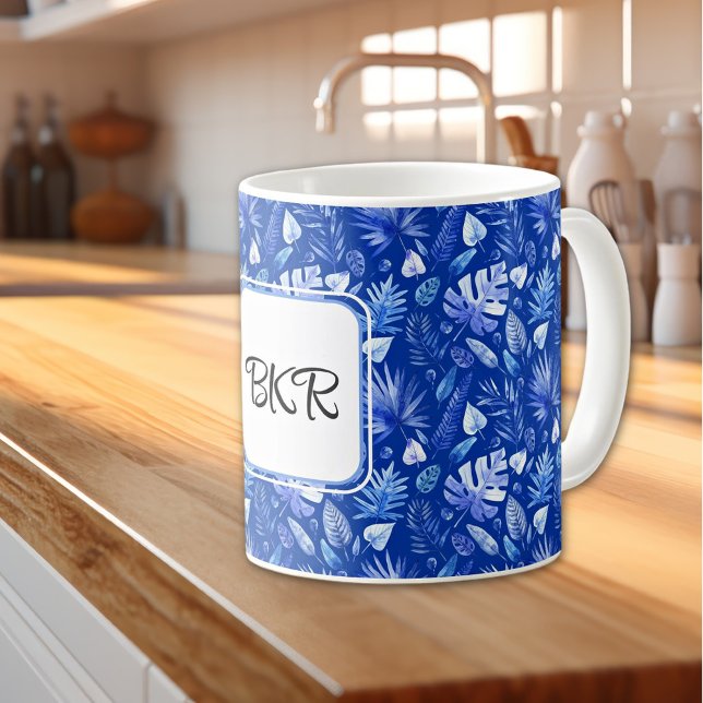 Mug Monogramme, motif feuilles tropicales bleu de coba (Créateur téléchargé)