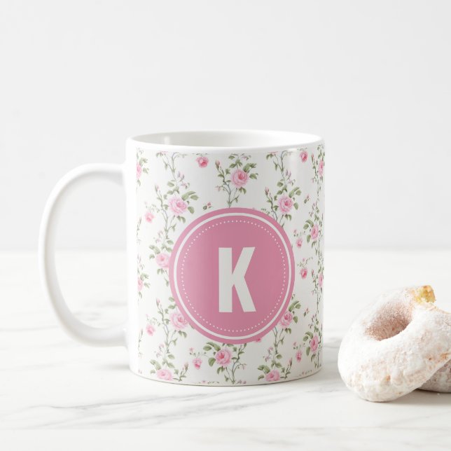 Mug Monogramme Motif Fleurs Roses Roses Élégantes (Avec donut)