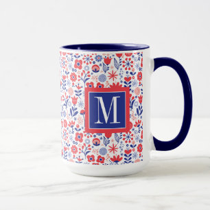 Mug Monogramme motif floral bleu et de corail de  