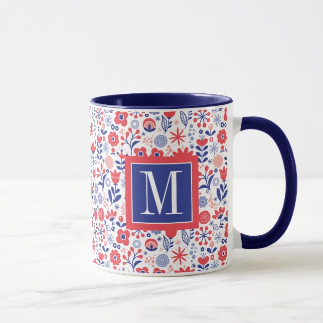 Mug Monogramme motif floral bleu et de corail de | (Droite)
