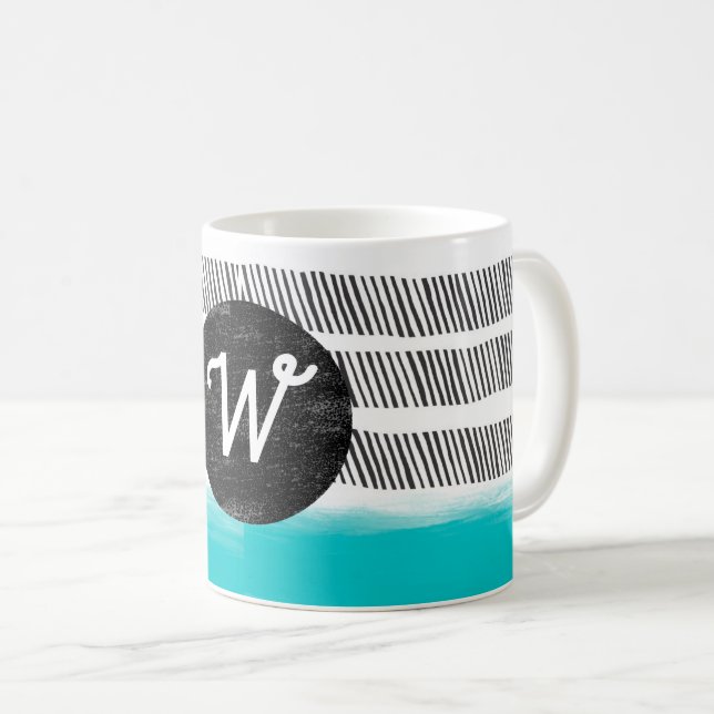 Mug monogramme motif noir blanc turquoise moderne (Devant droit)