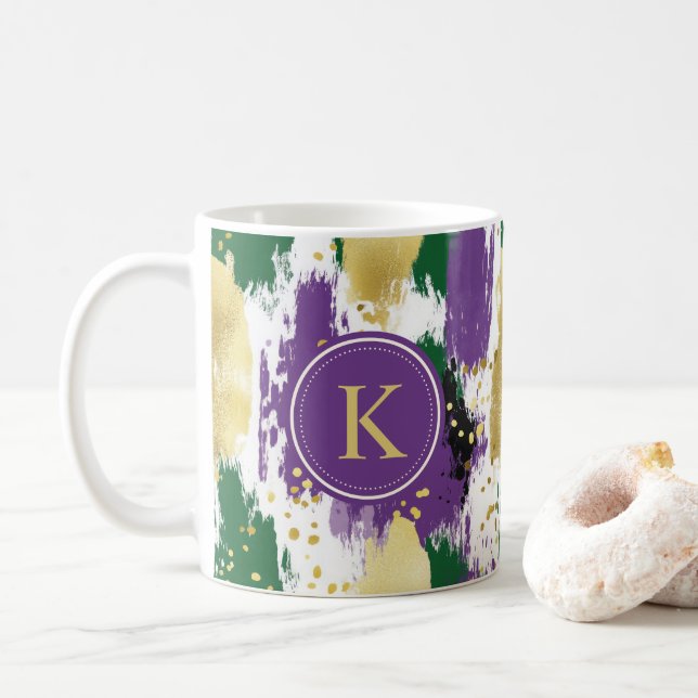 Mug Monogramme Motif vert violet or brosses (Avec donut)