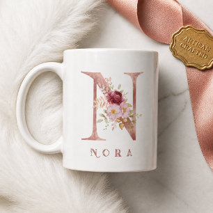 Mug Monogramme N en or rose personnalisé avec motif fl