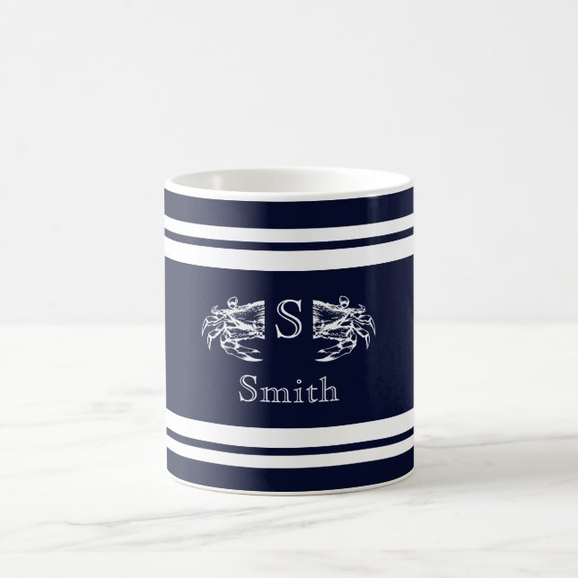 Mug Monogramme Nautilus Élégant Bleu Blanc Crabe Ancre (Centre)