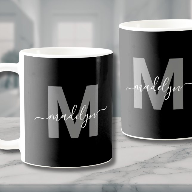 Mug Monogramme Noir Blanc Luxueux (Glamorous Black White Name Monogram Coffee Mug )