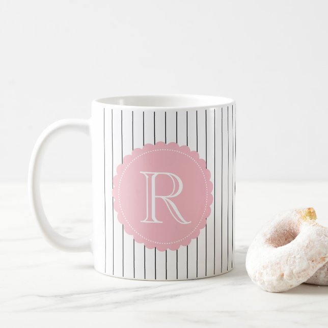 Mug Monogramme noir et blanc à bandes verticales (Avec donut)
