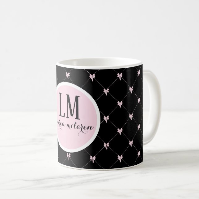 Mug Monogramme Noir et Rose Ruban Script (Devant droit)