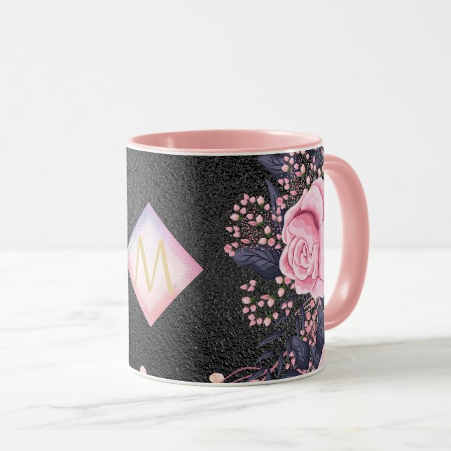 Mug Monogramme noir ROSEGOLD rose Parties scintillant  (Devant droit)
