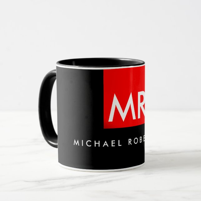 Mug Monogramme noir rouge bande élégante (Devant gauche)
