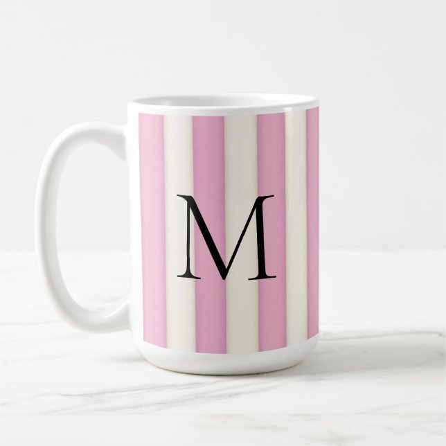 Mug Monogramme noir sur rayures roses et blanches anti (Gauche)
