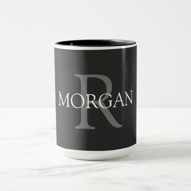 Mug Monogramme & nom DIY, noir, gris & blanc (Centre)