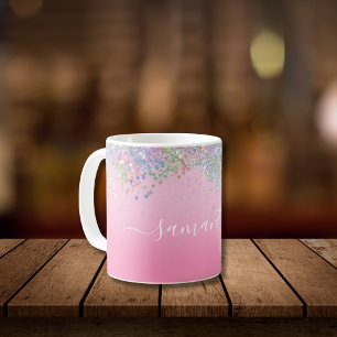 Mug Monogramme Nom du script Parties scintillant rose