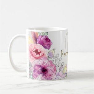 Mug Monogramme Nom Floral Rose Argent Élégant Coloré