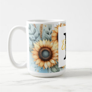 Mug Monogramme nom floral tournesol pastel aquarelle