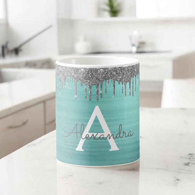Mug Monogramme Nom Métal Brossé Paillettes Sarcelle Ar (Créateur téléchargé)