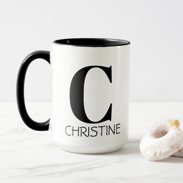 Mug Monogramme Nom Simple Élégant Noir & Blanc (Avec donut)