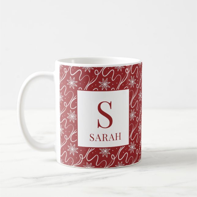 Mug Monogramme Nom Tourbillon Flocon de Neige Rouge (Gauche)