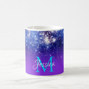 Mug Monogramme ombré céleste étoiles scintillantes ble