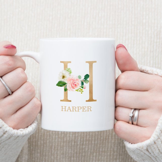 Mug Monogramme Or Lettre H | Floral Rose Blanc Vert (Créateur téléchargé)