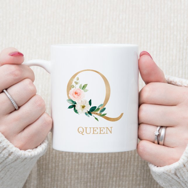 Mug Monogramme Or Lettre Q | Floral Rose Blanc Vert (Créateur téléchargé)