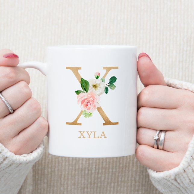 Mug Monogramme Or Lettre X | Floral Rose Blanc Vert (Créateur téléchargé)