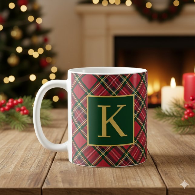 Mug Monogramme or plaqué Tartan rouge (Red Tartan Plaid Gold Monogram Coffee Mug)