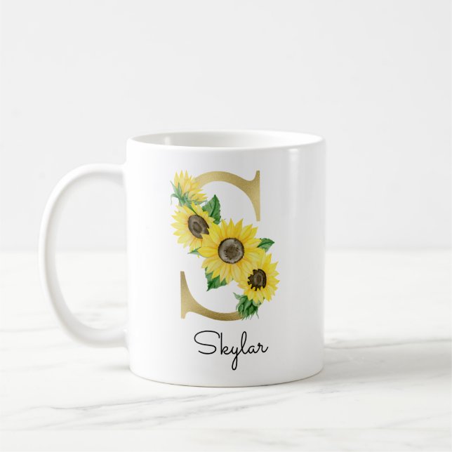 Mug Monogramme Or Soleil Doré Féminin Fleur Initiale S (Gauche)