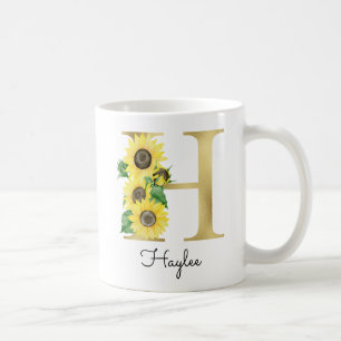 Mug Monogramme Or Soleil Doré Féminin Floral Initial H