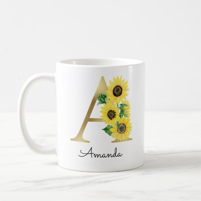 Mug Monogramme Or Soleil Doré Féminin Floral Initiale  (Gauche)