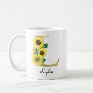 Mug Monogramme Or Soleil Doré Féminin Floral Initiale 