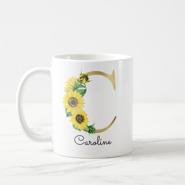Mug Monogramme Or Soleil Doré Féminin Floral Initiale  (Gauche)