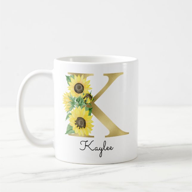 Mug Monogramme Or Soleil Fleur Femme Initiale K (Gauche)
