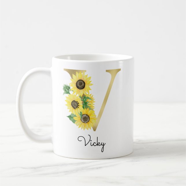 Mug Monogramme Or Soleil Fleur Femme Initiale V (Gauche)