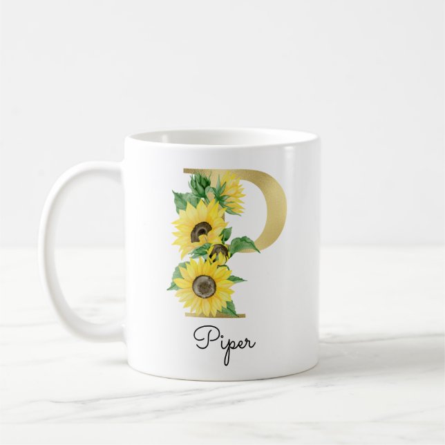 Mug Monogramme Or Soleil Fleurie Féminin Initiale P (Gauche)