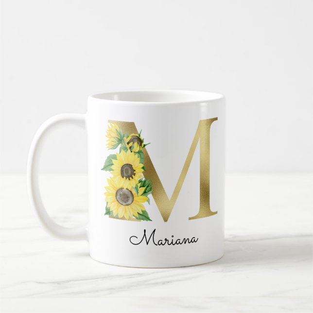 Mug Monogramme Or Soleil Tournesol Féminin Floral Init (Gauche)