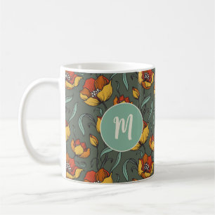 Mug Monogramme orange or vert rétro Floral