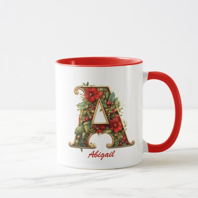 Mug Monogramme Orné Personnalisé A Noël Rouge Or (Droite)