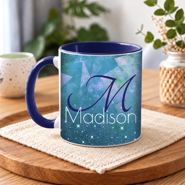 Mug Monogramme pailleté ombré bleu rose chic (Créateur téléchargé)