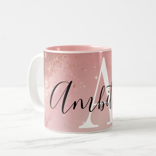 Mug Monogramme Pailleté Or Rose – Nom Personnalisé (Devant gauche)