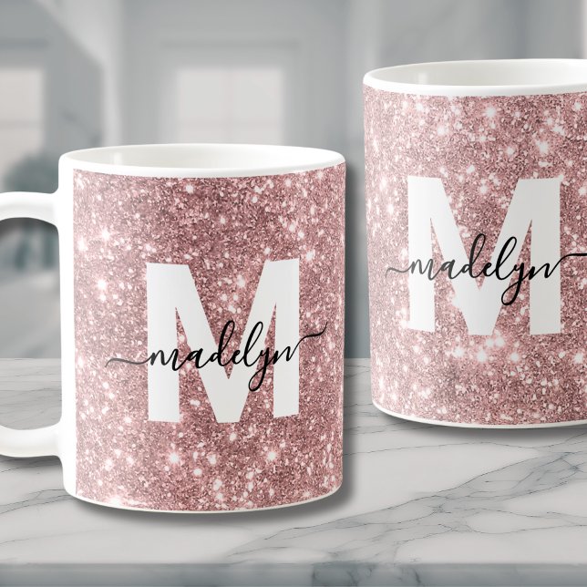 Mug Monogramme Pailleté Rose Gold (Rose Gold Glitter Sparkle Monogram Coffee Mug)
