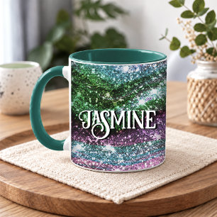 Mug Monogramme pailleté rose vert ondoyant fantaisiste