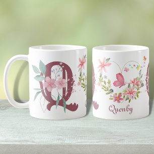Mug Monogramme Papillon Floral Aquarelle Élégant Q