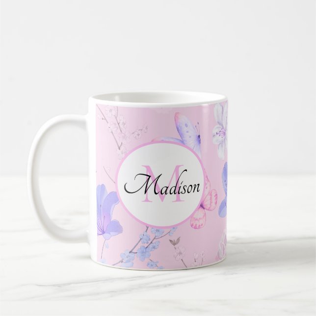 Mug Monogramme papillons floraux aquarelle rose (Gauche)