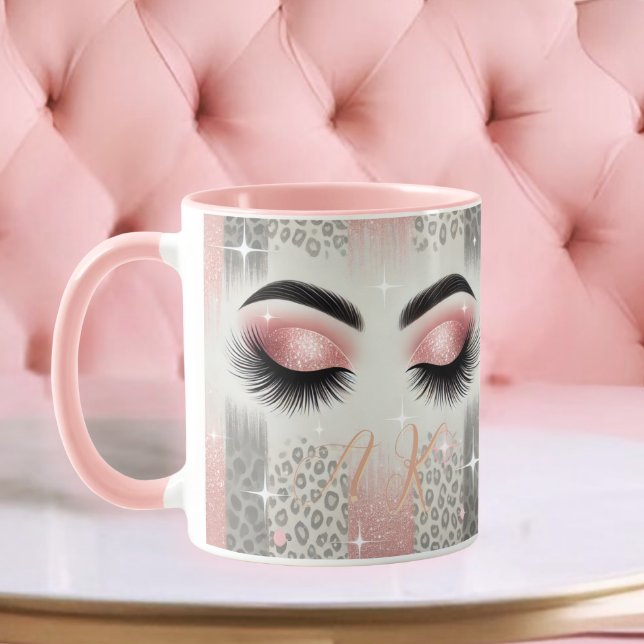 Mug Monogramme Parties scintillant rose cils ( Luxe sparkle mug with glam pink glitter lashes — perfect birthday or beauty gift)