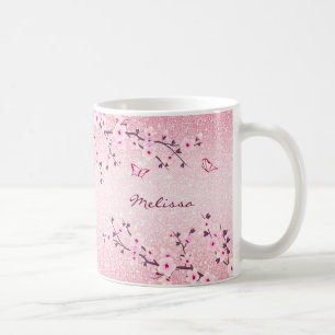 Mug Monogramme Parties scintillant rose Fleurs de ceri